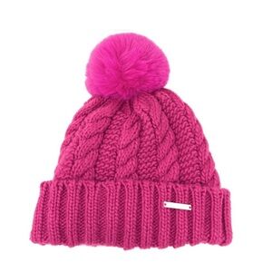 Michael Kors Women’s Cable Knit Faux Fur Pom Pom Beanie in Purple
